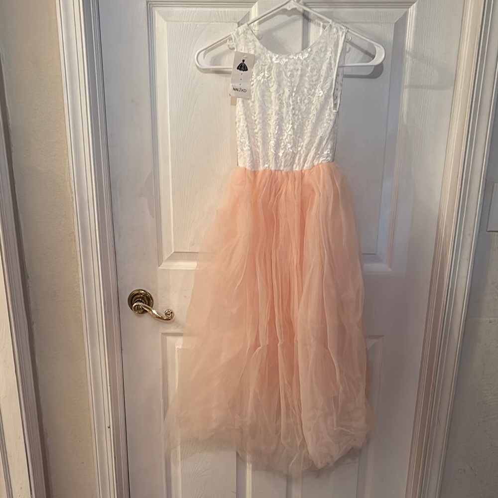 Kids White and Peach Sleeveless Dress